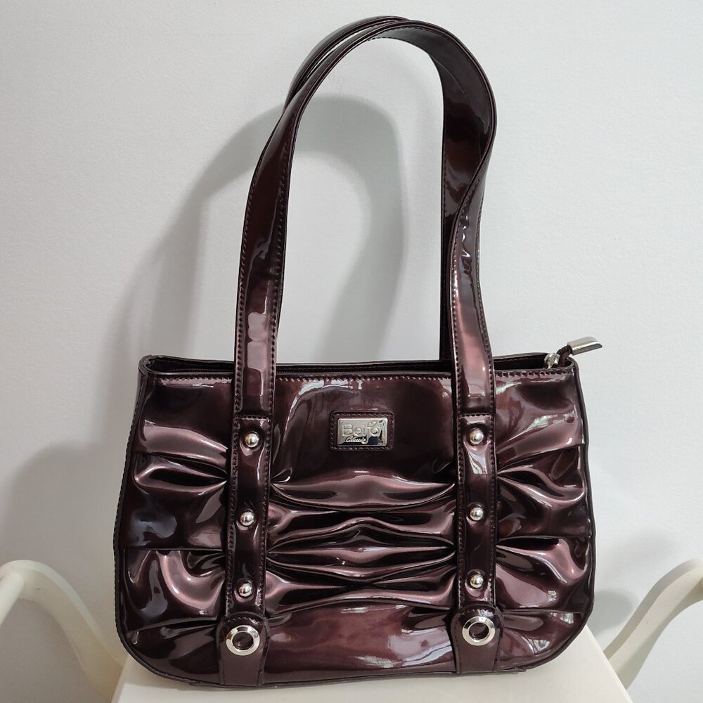 Beijo Classic chocolate brown purse with lustrous pearlescent finish, EUC